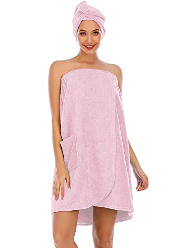 Women's Terry Cloth Spa Bath Towel Wrap with Adjustable Closure & Elastic Top Sunny Pink S