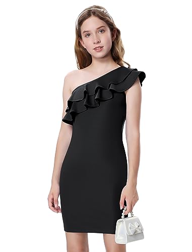 Mebius Girls One Shoulder Party Dress Bodycon Ruffle Trim Sleeve Pencil Summer Dresses for Special Occasions Birthday 8-14Y
