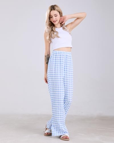 Image of codcm Womens Gingham Pants Wide Leg Lounge Pants Y2k Plaid Print Ruffle Hem Loose Trouser
