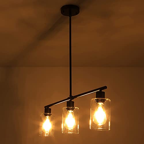Image of 31 inch Black Linear 3-Light Clear Glass Kitchen Island Pendant Chandelier