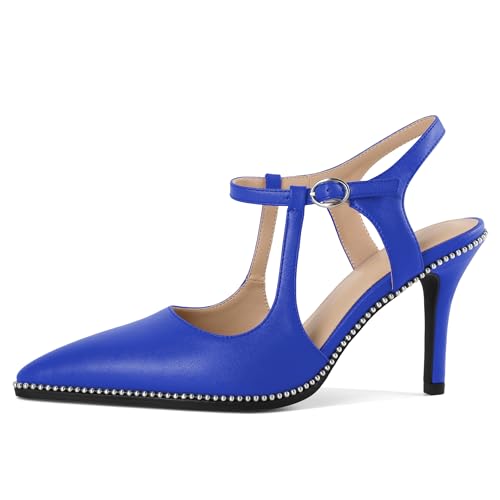 Image of SAMMITOP Womens High Heels Ankle Strap Pointed Toe Stilettos Patent Leather Beaded Pumps Dress Shoes 3.5 Inch