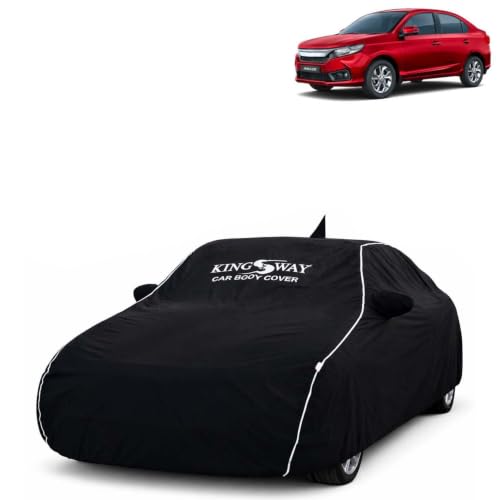 Image of KINGSWAY Super Waterproof Car Cover Only with Honda Amaze (Year 2023 to 2024 - All Model) | Mirror and Antenna Pockets | All Weather Car Body Cover with Silver Piping | Black