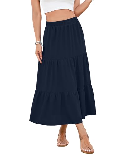 NILOUFO Women Summer Casual Maxi Skirt Fashion High Waist Elastic Tiered Pleated Beach Skirts with Pockets(Navy Blue, Large)