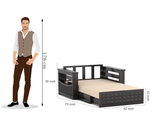 Image of Sheesham Wooden 2 Seater Sofa Cum Bed with Mattresses for Home Living Room | Rosewood 2 Seater Sofa Cums Bed for Bedroom Without Pillow | Solid Wood Sofa Bed (Walnut D, 2 Seater)