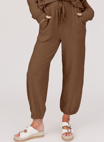 SHEWIN Women's 2 Piece Outfits Waffle Knit Lounge Sets Casual Long Sleeve Pullover Drawstring Jogger Pants Tracksuit Set3