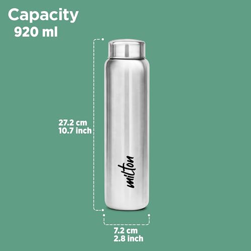 MILTON Aqua 1000 Stainless Steel Water Bottle, 950 ml, Silver | Leak Proof | Office Bottle | Gym Bottle | Home | Kitchen | Hiking | Treking Bottle | Travel Bottle