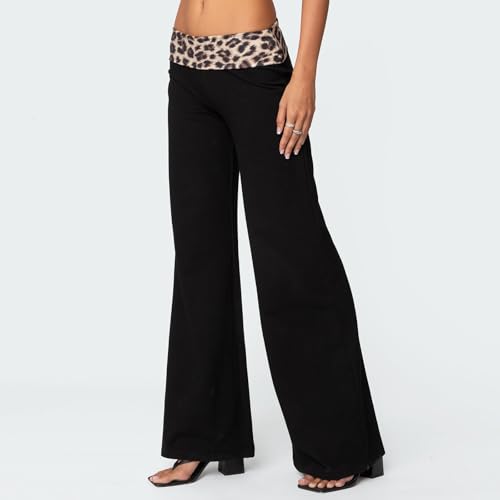 SOLILOQUY Women Leopard Waistband Slight Flare Pants Solid Color Bell Bottoms Trendy Bootcut Trousers Y2K Streetwear4