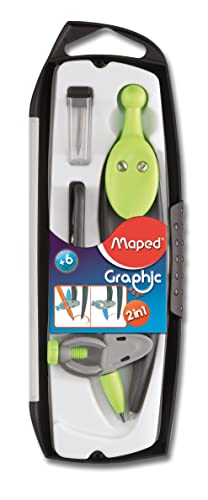 Maped - Compas Graphic 360 Caja de 3 piezas - Compás Intercambiable Doble Función Mina + Anillo - Con Estui-Mines + Cortadora - Para Niños a partir de 6 años