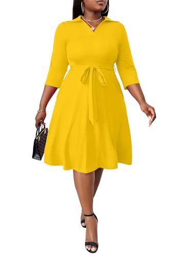 Image of FANDEE Plus Size Midi Dress for Women - Printing Summer Dresses for Wedding Guest Cocktail Party 3 /4 Sleeve V Neck(L-5XL)