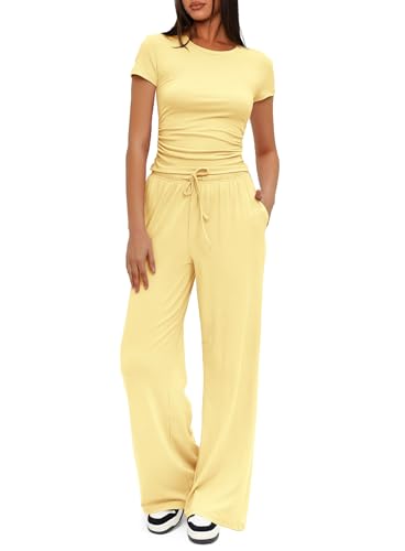 Tenue de détente femme ensemble pantalon large taille haute et haut manches courtes froncé