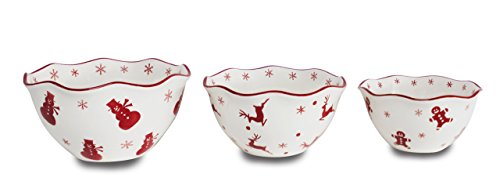 Euro Ceramica Winterfest Christmas Collection, 3-Piece Nesting Serving Bowls Set, Red/White
