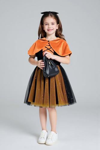 ROYLAMP Toddler Girls Witch Halloween Paillette Tulle Dress Sets Funny Holiday 2 Pieces Hooded Cape 1-6T2