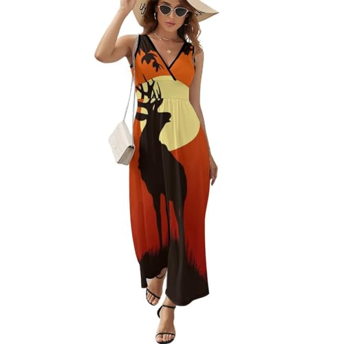 Robe longue d'été sans manches col V décontractée motif cerf couchant robe maxi plage