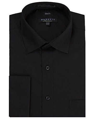 Marquis Men's Slim Fit French Cuff Spread Collar Solid Dress Shirt - Black - 17.5 4-5