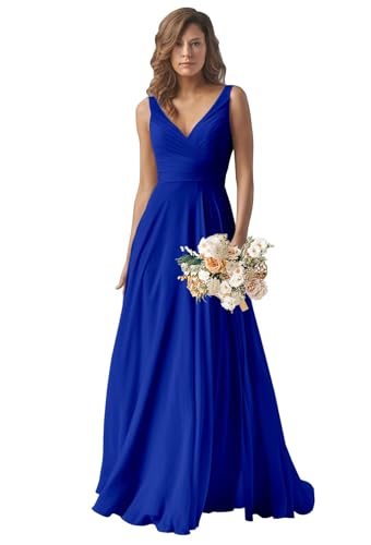 Image of Sukleet Royal Blue V Neck Bridesmaid Dresses for Women Ruched Chiffon Long Formal Evening Gowns Size 16