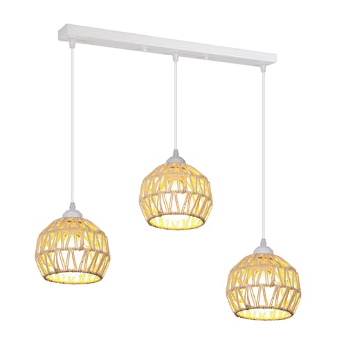 LIGKIN 3 Lumières Suspension Industriel Lustre Vintage Abat-jour en Métal et Rotin E27 Lampe Suspendue Avec Barre Luminaire pour Restaurant Salon Chambre,...