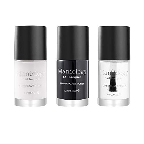 Maniology Perfect Trio, Black and White Duo with Water-Based Top Coat, Flawless Finish, Great Essential Nail Stamping Polishes (BAM! White, Straight Up Black, No Smudge Top Coat, Set of 3)