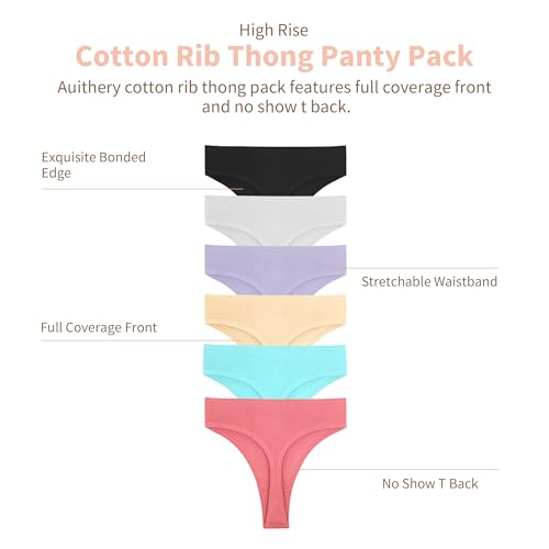 Image of High Waist Thong Women Ribbed Cotton Panties S-4XL Pack 6 | Auithery High Waist Thong Underwear Women Ribbed Cotton Tummy Control Thongs Panties Size S-4XL Pack 6