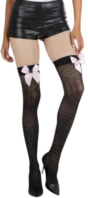 Image of ToBeInStyle Women's Spiderweb & Crawling Spider Print Hosiery Tights & Thigh High Stockings
