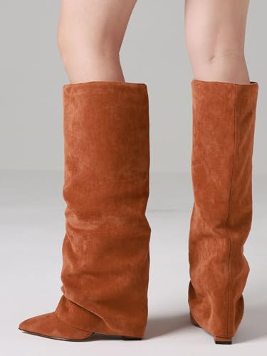 Image of Synchoiss Fold Over Knee High Boots Women Wide Calf Chunky Heel Shark Boots | Faux Leather Slouchy Boots, Pointed Toe, Side Zipper, Fashion Tall Boots for Evening Bridal Office Fall and Winter Outfits