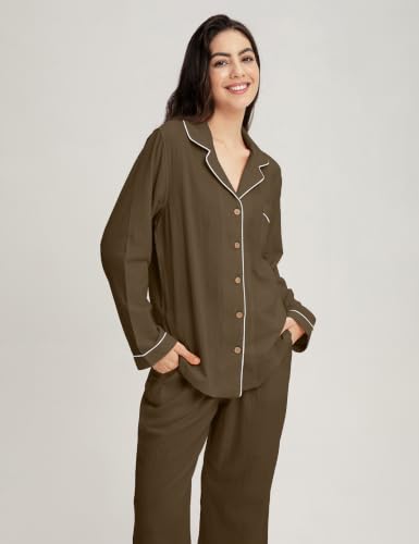 Image of Womens Muslin Pajama Set 100% Cotton Double Gauze Linen Like | Breathable Soft Comfort Button Up Loungewear Sleepwear PJ Set