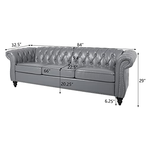 Image of ORRD 3 Piece Living Room Set, Chesterfield Leather Sofa Loveseat Couch Chair with Scroll Arms and Nailhead for Living Room, Office (Grey)
