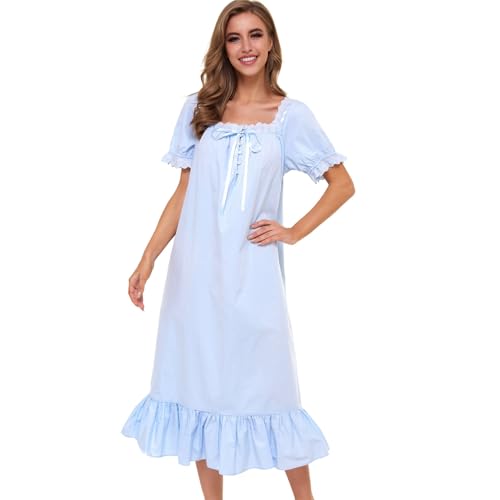 Image of Lu's Chic Women's Victorian Nightgown Cotton Sleepwear Long Loungewear Short Sleeve Soft Nightwear Night Dress Sleep Calf Length Ruffle Nightdress Scoop Neck Lace Solid Blue X-Large