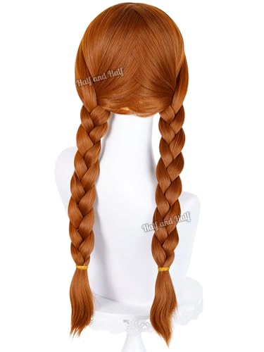 Image of Half and Half Long Orange Brown Braided Wig with Bangs for Women 27.5'' Copper Brown Twin Braids Wigs Pigtail Wig Hair for Halloween Party Costumes