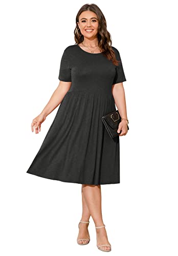 Image of POSESHE Womens Plus Size Summer Dress 2026 Casual Short Sleeve Empire Waist Loose Fit Swing T-Shirt Dress with Pockets