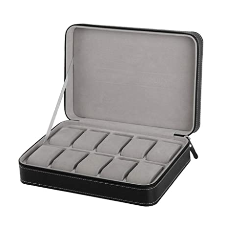 Boîte de rangement de montre portable en cuir PU noir à fermeture éclair avec treillis