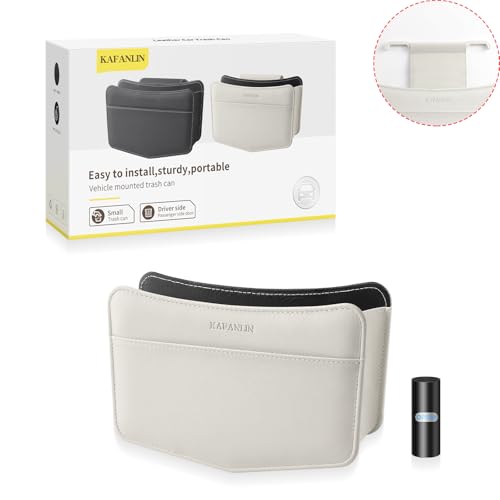 Image of Car Trash Can Small Leather Vehicle Trash Bin Car Dustbin Garbage Organizer Holder with Trash Bag Foldable Mini Cars Storage Bag Container for Auto SUV Van Trucks (White,Hanging Hook)