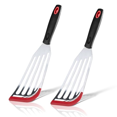 2 Pack Fish Turner Spatula, Heat Resistant Silicone-Tip Slotted Spatula, Fish Slice for Non Stick Pans, Flexible and Thin Stainless Steel Spatulas for Fishs, Egg, Pancake
