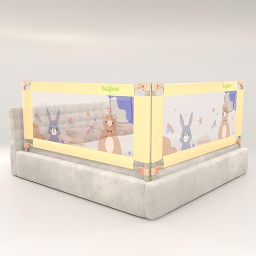 Image of BAYBEE Baby Bed Rail Guard (150x80cm), Bedrail for Baby Safety with 28 Height Adjustable, Portable Bed Side Protector for Babies Falling | Foldable Single Side Bed Railing, 2 Side, (Beige)