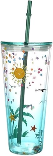 Zxyler タンブラーグラス 二重構造グラス蓋付き ストロー付き密閉性耐冷耐熱ガラス 透明ドリンク容器 オフィス用・日常使いコップ 卒業祝い・就職祝い・誕生日・に最適