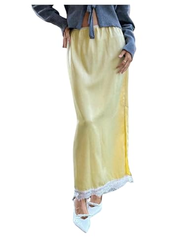 SOLY HUX Women's Maxi Skirt Lace Trim Elastic Low Rise Split Going Out Long Skirts