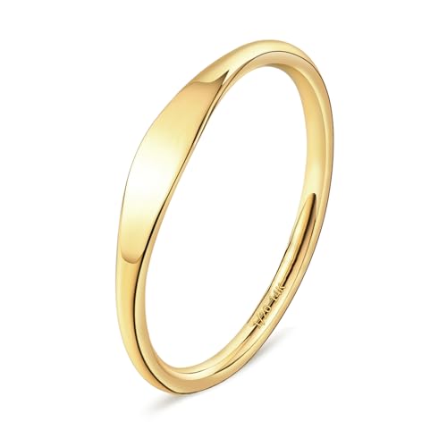 NOKMIT 1.5mm 14K Gold Filled Slim Signet Rings Thin Croissant Pinky Ring for Women Girls Dainty Gold Twisted Stacking Statement Flat Ribbed Plain Band Comfort Fit Size 4 to 10