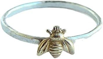 KOICCVQQ 925 Sterling Silver Gold Bee Ring Concave-Convex Surface Personality Unique Design Jewlery Simulated Compressed Classical Animal Interesting Shape Charm Dainty Cute Novel Ring Size 6