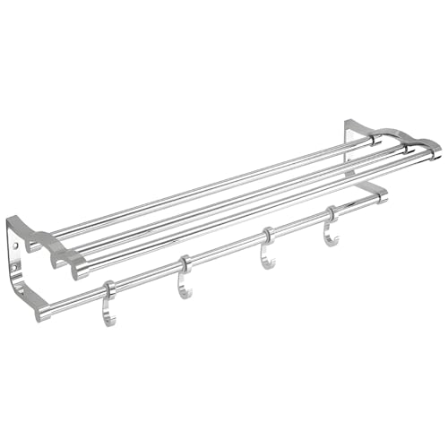 Image of Zureni Folding Towel Rack for Bathroom Multipurpose Wall Mount Aluminium Rod Hanger Stand Accessories Bar Home Kitchen Washroom (Pack of 1, Silver, 1027)