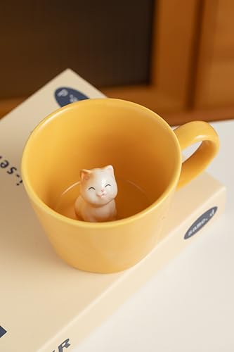 Image of DIHOclub Cat Coffee Cup Hidden Ceramic Animal Inside Mug,Cute Cartoon Handmade Figurine Mugs,Holiday and Birthday Gift for Coffee Milk Tea Lovers,12 Oz(yellow)