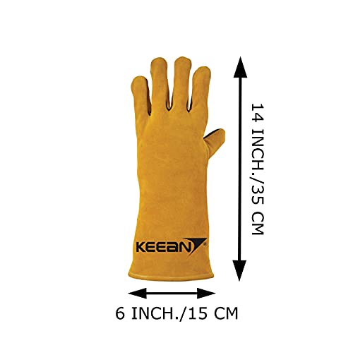 KEEAN Mig/Arc Welding 14 Inch Gloves With Extra Padded Palm Leather High Temperature Hot Thermal Work Safety Heavy Duty, Pack of 1 Pair, Yellow