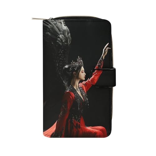 Black Angel Long Wallet PU Leather Credit Card Holder Durable Zippered Purse Clutch Wallet