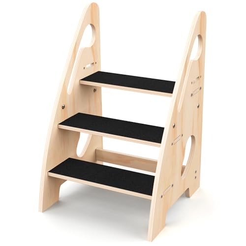 Toddler Step Stool, Wooden Height-Adjustable 3-Step Stool for Kids, Potty Training Stool with Handles and Non-Slip Pads for Bathroom Sink, Kitchen, Bedroom
