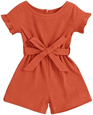 Kingdenergy Kids Girls Summer Rompers Crew Neck Ruffle Short Sleeve Keyhole Belted Shorts One Peice Jumpsuits