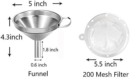 IAXSEE 5-Inch Funnel with Fine Mesh Strainer, 304 Stainless Steel Funnel with Extra Fine Mesh Strainer 200 Mesh Cooking Oil Filter Strainer ​for Juice Strainer Oil Strainer (Stainless Steel)