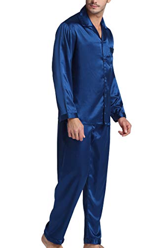 Men's Satin Pajamas Long Button-Down Pj Set Sleepwear Loungewear (Navy Blue, M) - Thumbnail 2