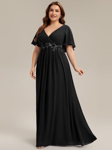 Image of Ever-Pretty Short Sleeves V Neck Plus Size Formal Dresses for Curvy Women Chiffon Mother of The Bride Dress Evening Gowns