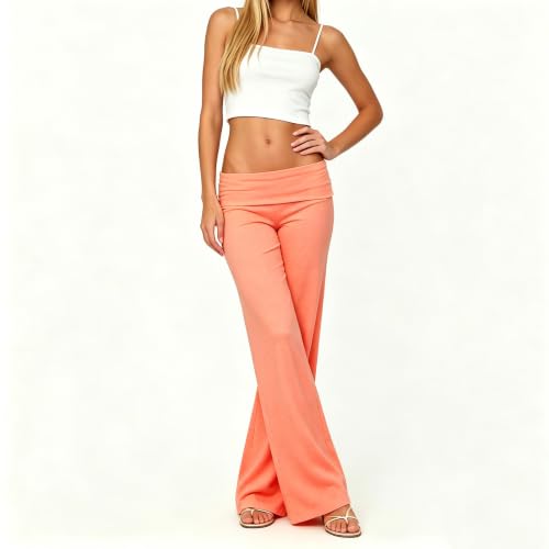 Image of Lounge Yoga Pants for Women Fold Over Low Waist Wide Leg Bell Bottoms