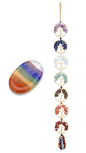 Jovivi Bundle - 2 Items 7 Chakra Palm Stone Natural Gemstone Carved Oval Thumb Worry Stone Crystal Therapy Geometry +7 Chakra Gemstones Reiki Healing Crystals Tree of Life Hanging Ornament