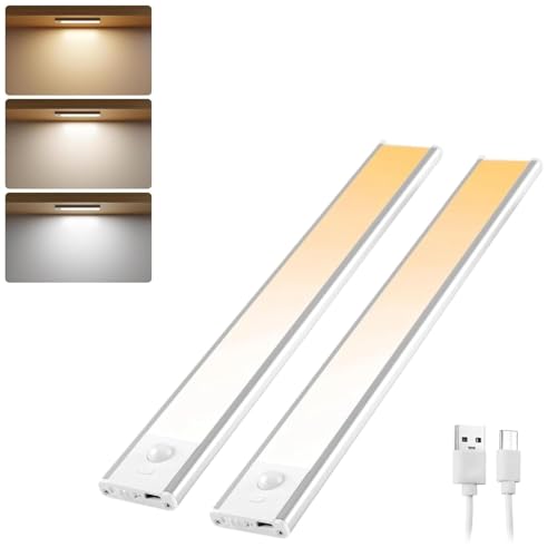 Image of 2Pcs 30cm Wireless Motion Sensor Closet Light, Rechargeable Under Cupboard Light, Motion Sensor Under Cabinet LED, 1200mAh Battery with Stepless Dimming, Stick On Install for Wardrobe, Cabinet