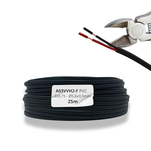 HALOTEC 25 Metros Cable Manguera Plana PVC 2x0,75 mm² Negro interiores ROJO-NEGRO| Tipo 03VVH2-F | Cable Doble de Cobre Flexible | Cordón Eléctrico Redondo para Iluminación LED.